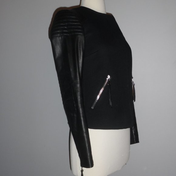 REBECCA TAYLOR Moto Biker Leather Quilted Twill Quilt Oversized Jacket 2‎ XS - Picture 3 of 14